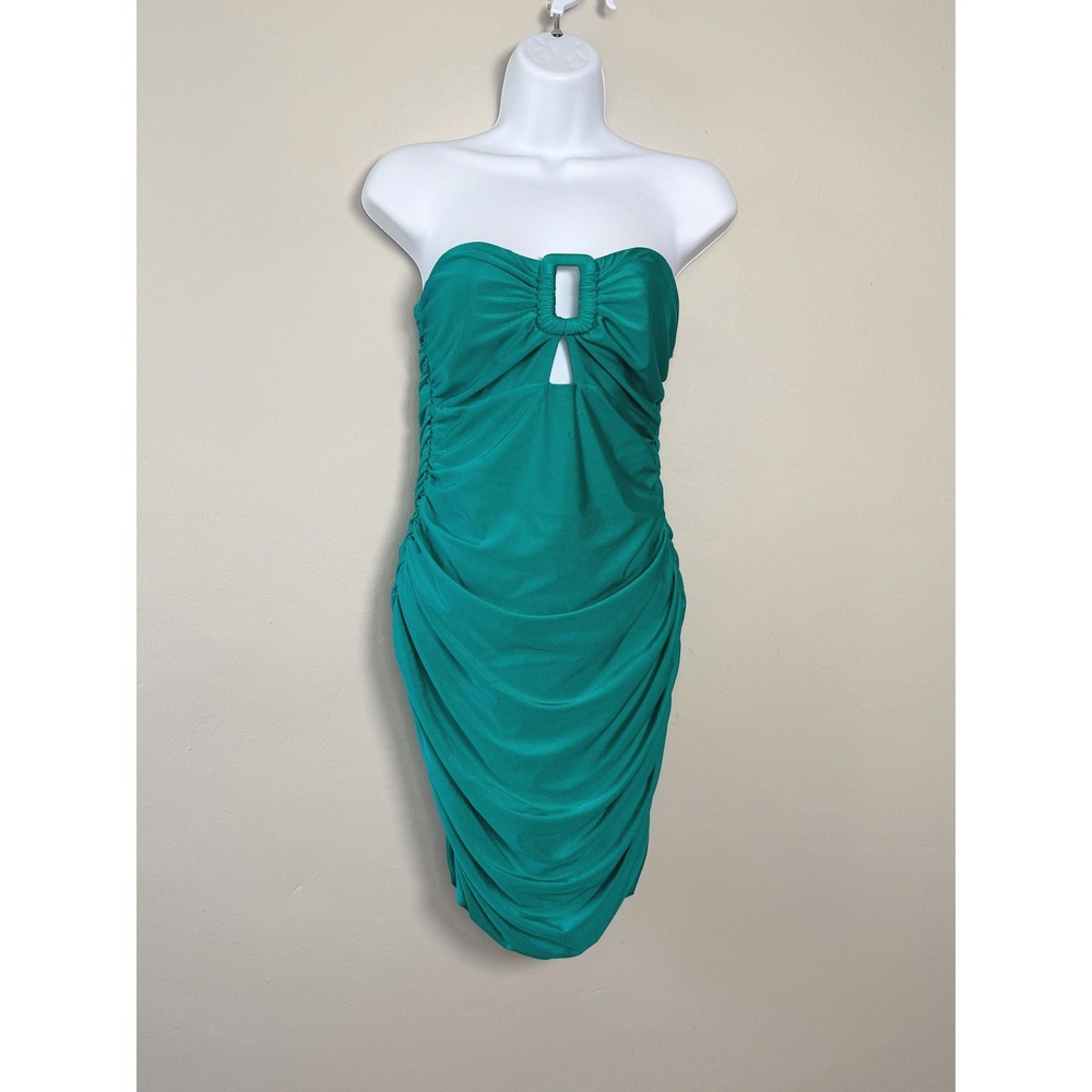 Superdown Dress Women L Emerald Green Bodycon Ruched Strapless Cutout Ring Party
